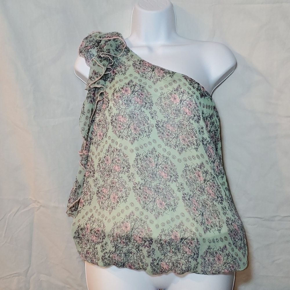 VTG Romeo & Juliet Couture One Shoulder Floral Ruffle Top Mint Green Boho Medium